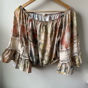 NWT PEROLA BRAZIL BREEZE Tropical Cropped Top Blouse Ruffle Woven Dramatic M